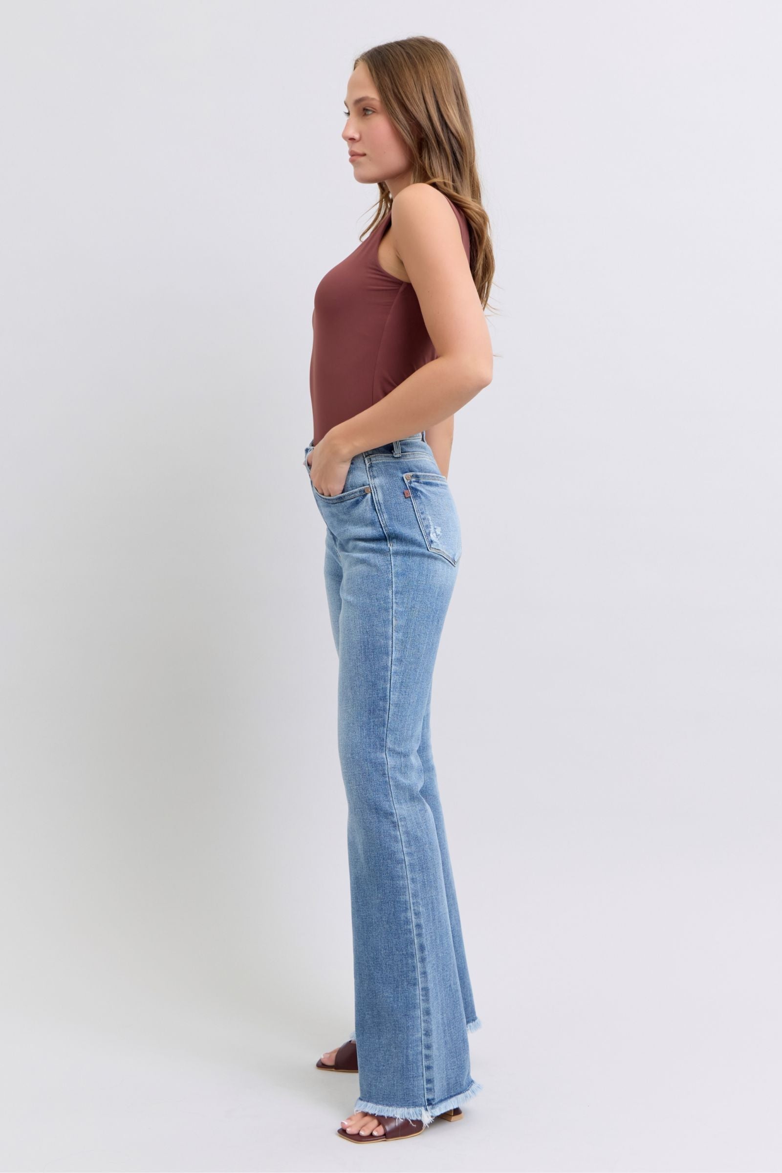 Judy Blue Raw Hem High Rise Bootcut Jeans - Mulberry Skies