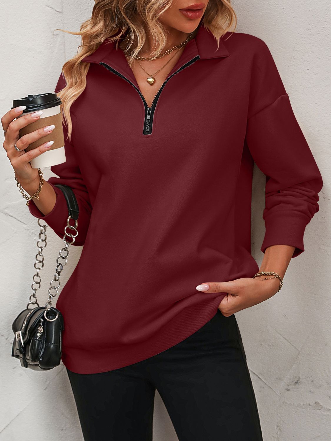 Mandy Zip-Up Dropped Shoulder Sweatshirt - Mulberry Skies