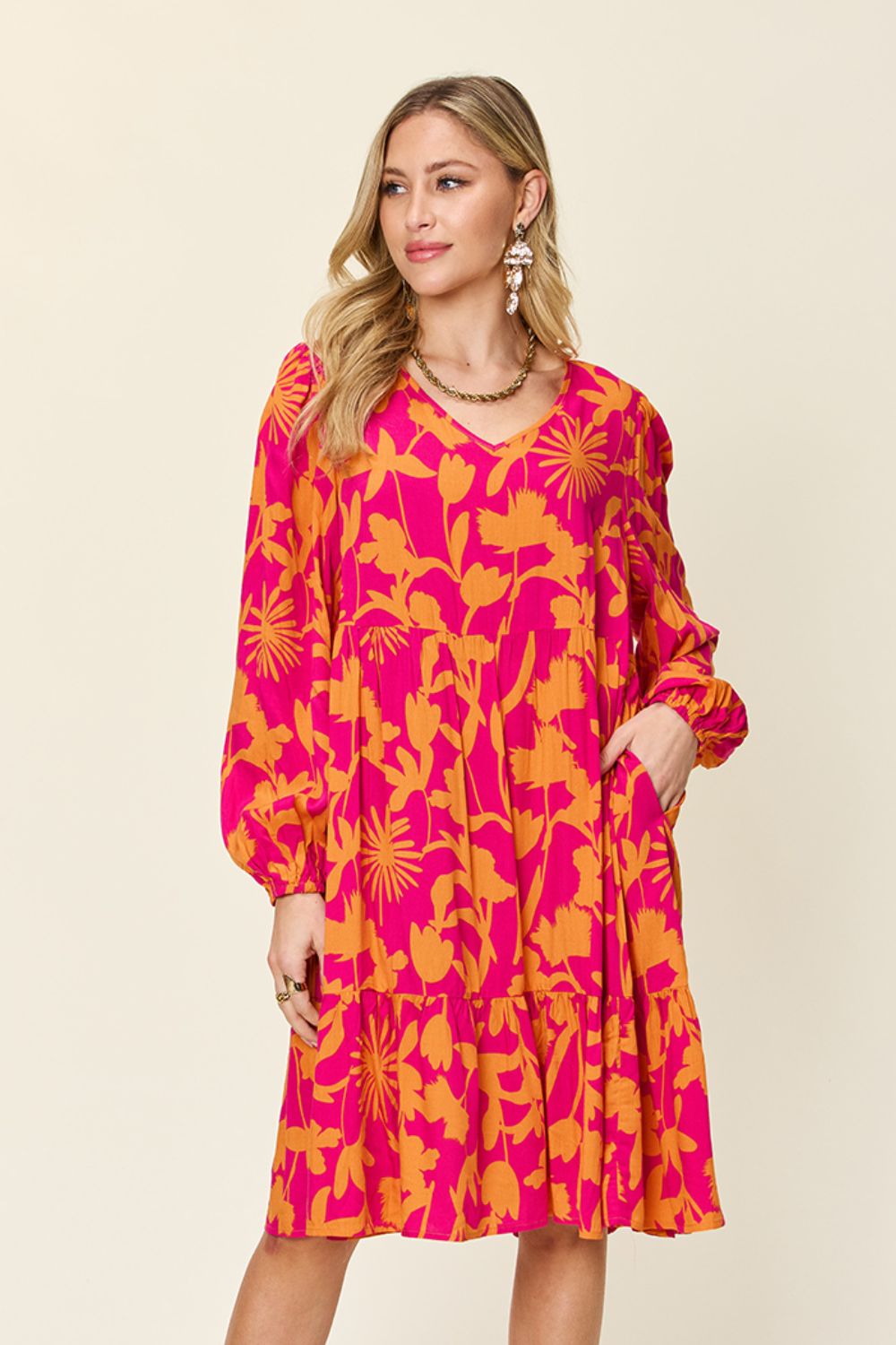 Printed Ruffle Hem Dress with Pocket - Mulberry Skies