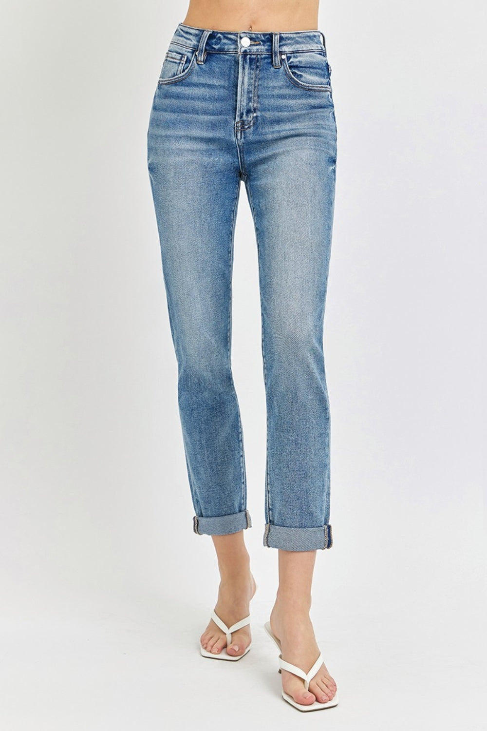 Risen High Rise Cropped Roll Up Jeans - Mulberry Skies