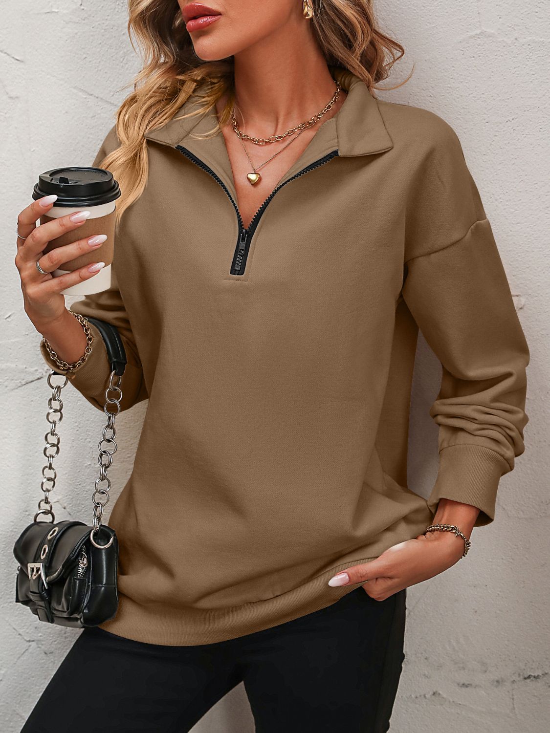 Mandy Zip-Up Dropped Shoulder Sweatshirt - Mulberry Skies