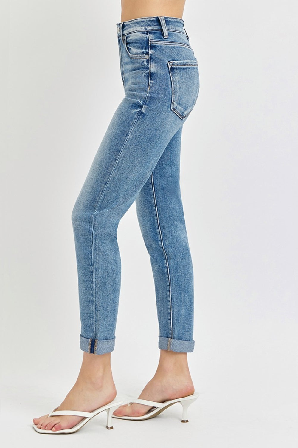 Risen High Rise Cropped Roll Up Jeans - Mulberry Skies