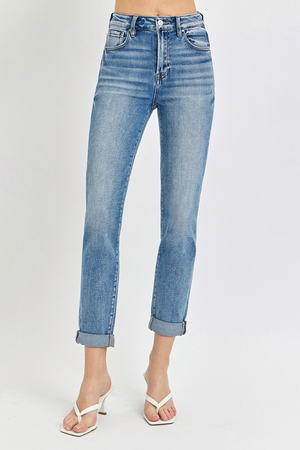 Risen High Rise Cropped Roll Up Jeans - Mulberry Skies