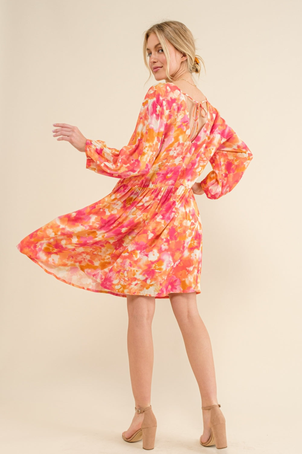 Printed Tie Back Long Sleeve Dress - Mulberry Skies