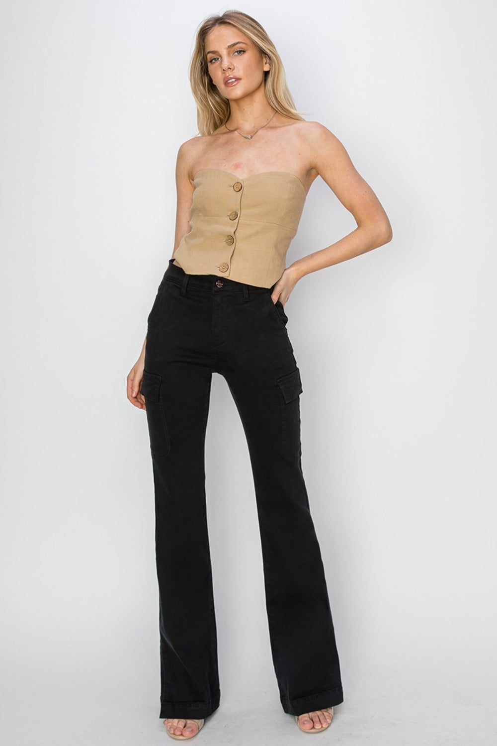 Risen Full Size High Rise Side Slit Cargo Bootcut Jeans - Mulberry Skies