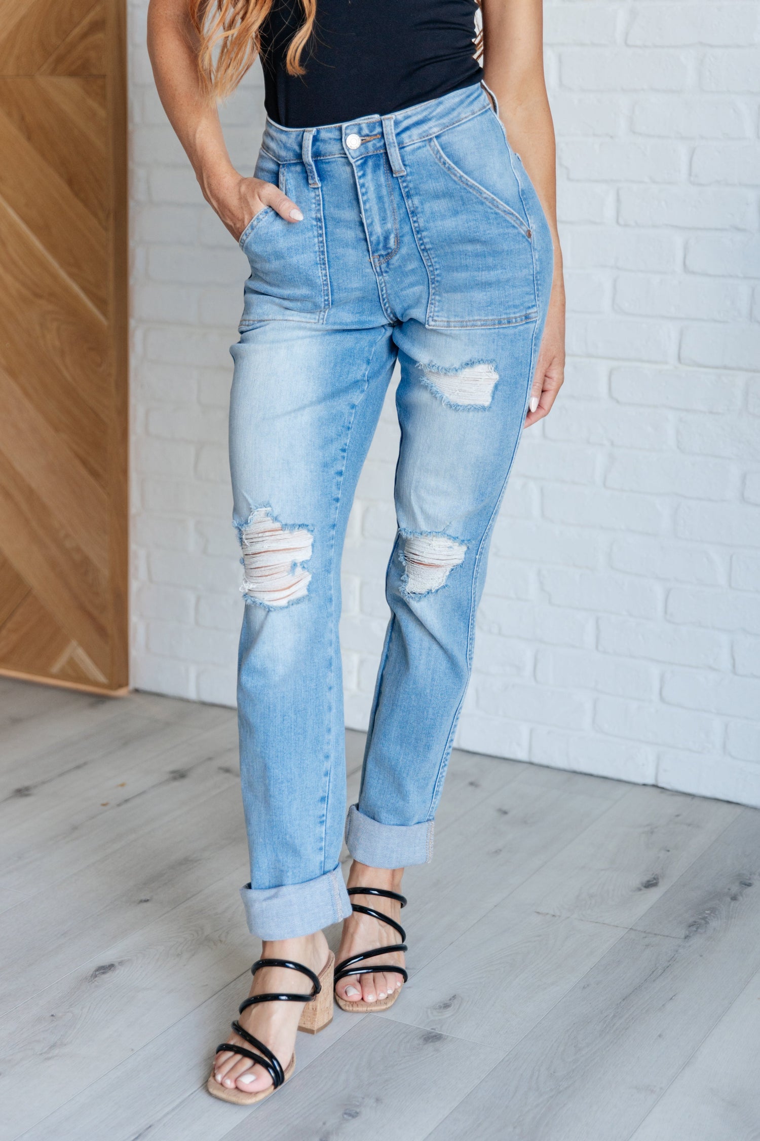 Aiden High Rise Patch Pocket Distressed Boyfriend Jeans - Mulberry Skies