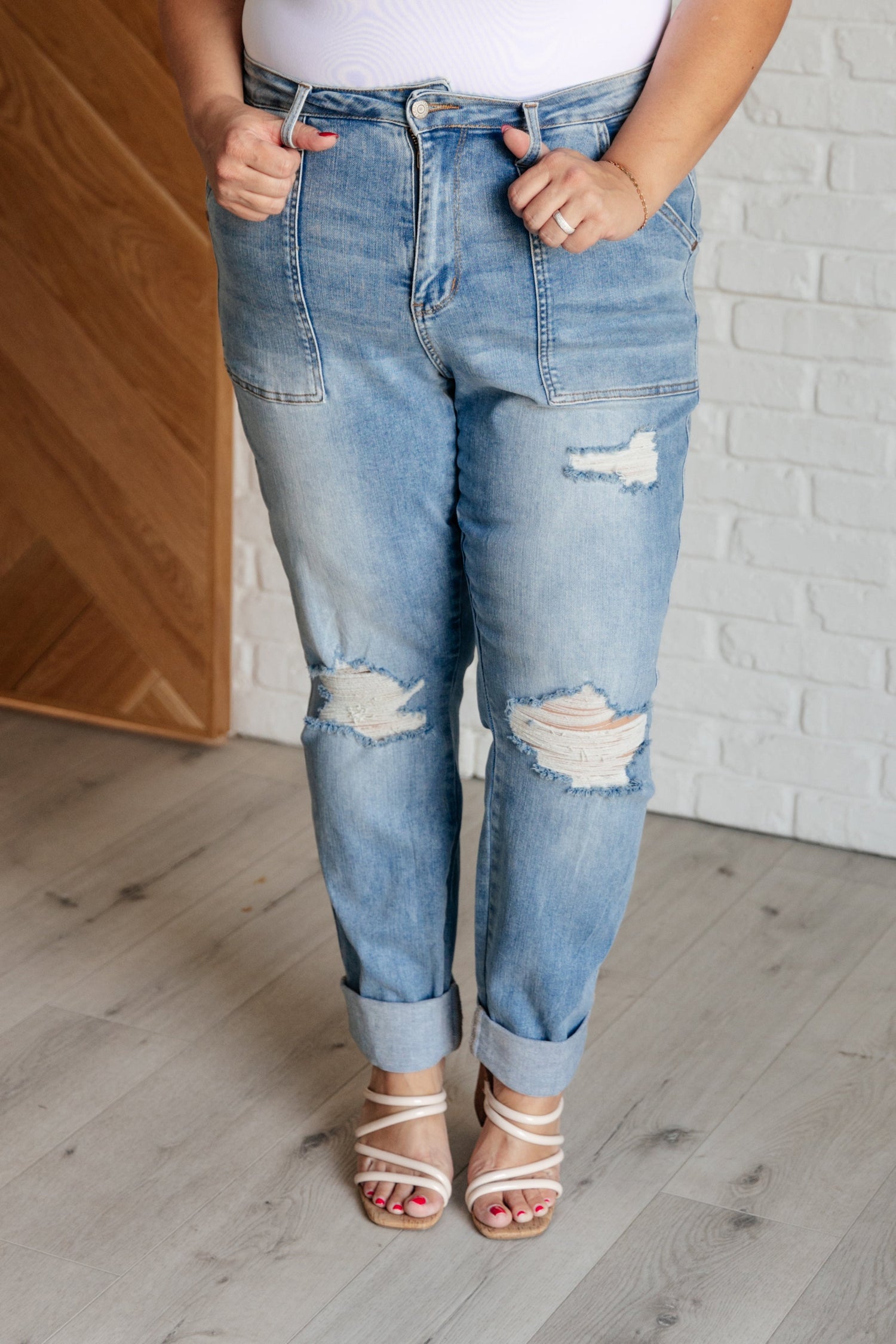 Aiden High Rise Patch Pocket Distressed Boyfriend Jeans - Mulberry Skies
