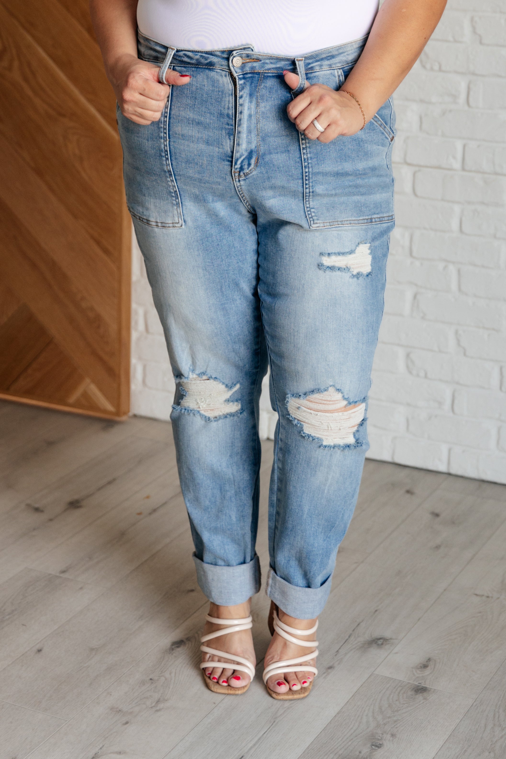 Aiden High Rise Patch Pocket Distressed Boyfriend Jeans - Mulberry Skies
