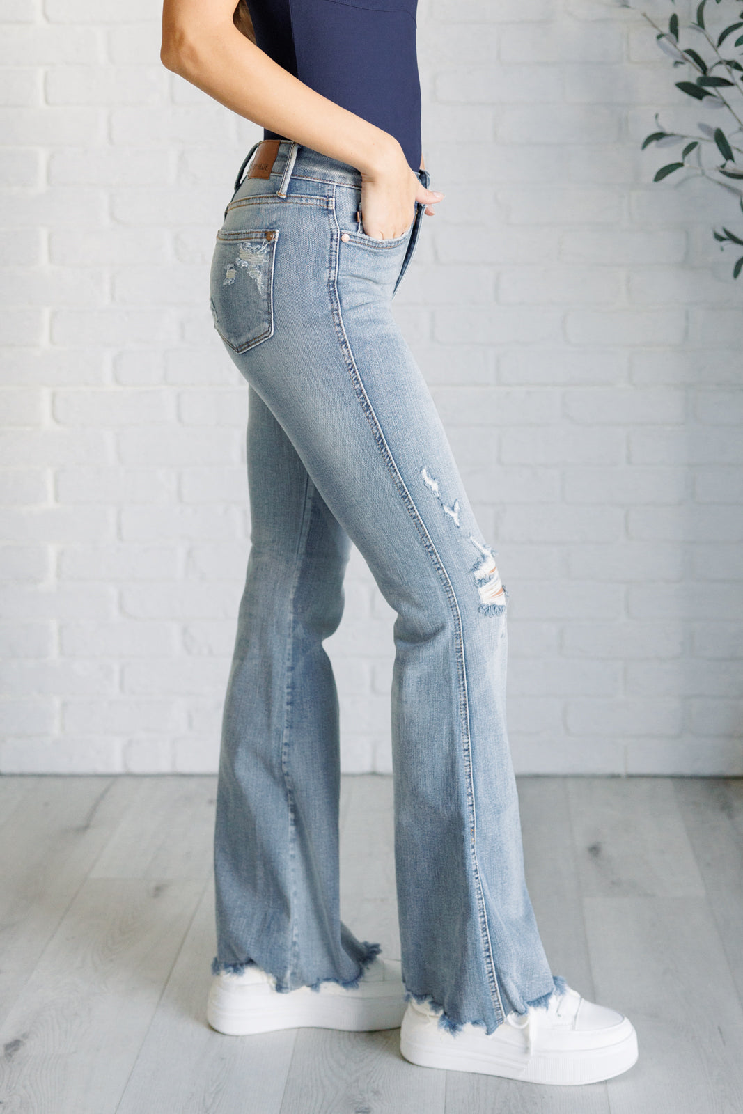 Judy Blue Caroline Mid Rise Control Top Distressed Flare Jeans - Mulberry Skies