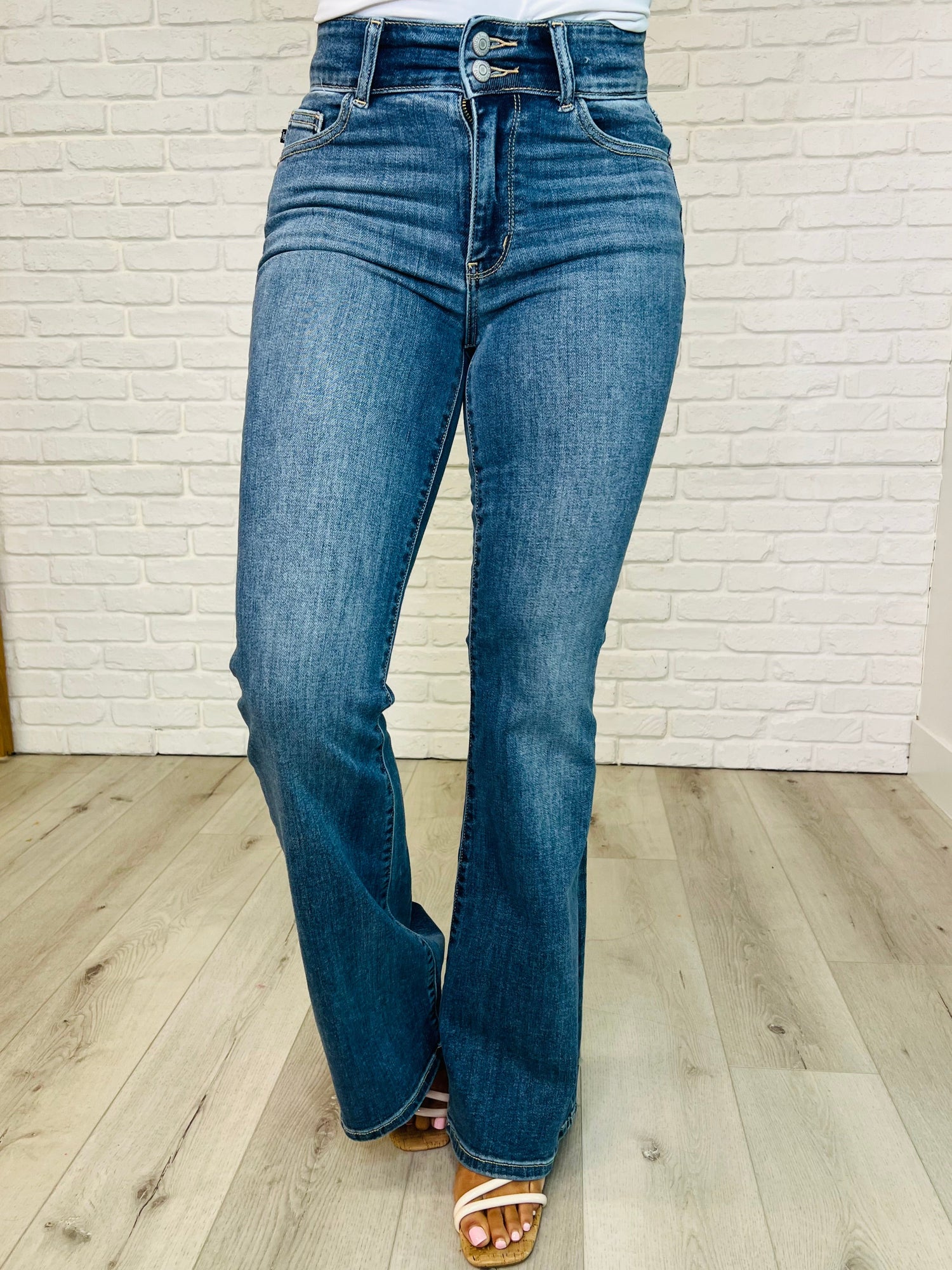 Ariana High Rise Double Button Waistband Flare Jeans - Mulberry Skies