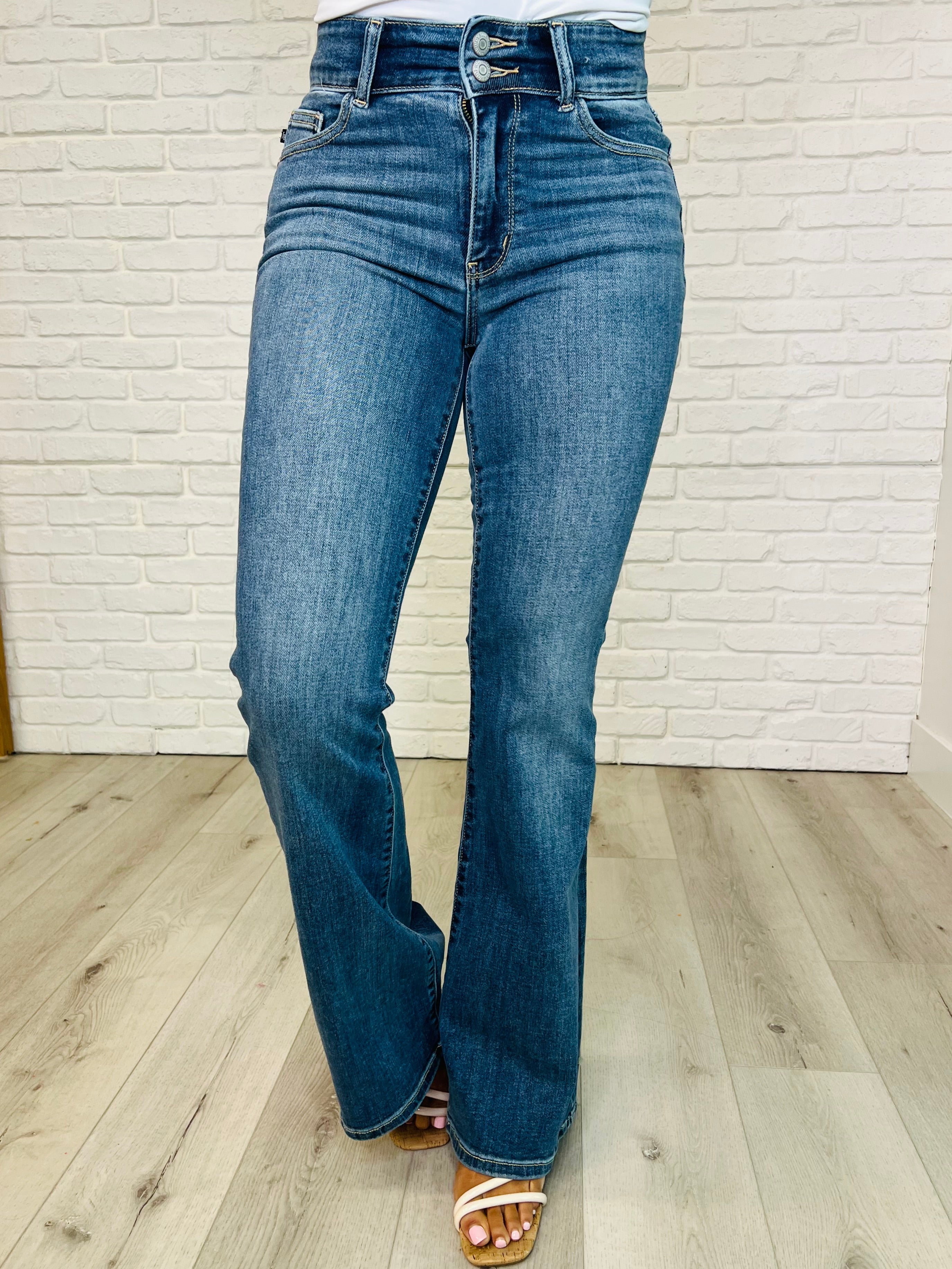 Ariana High Rise Double Button Waistband Flare Jeans - Mulberry Skies