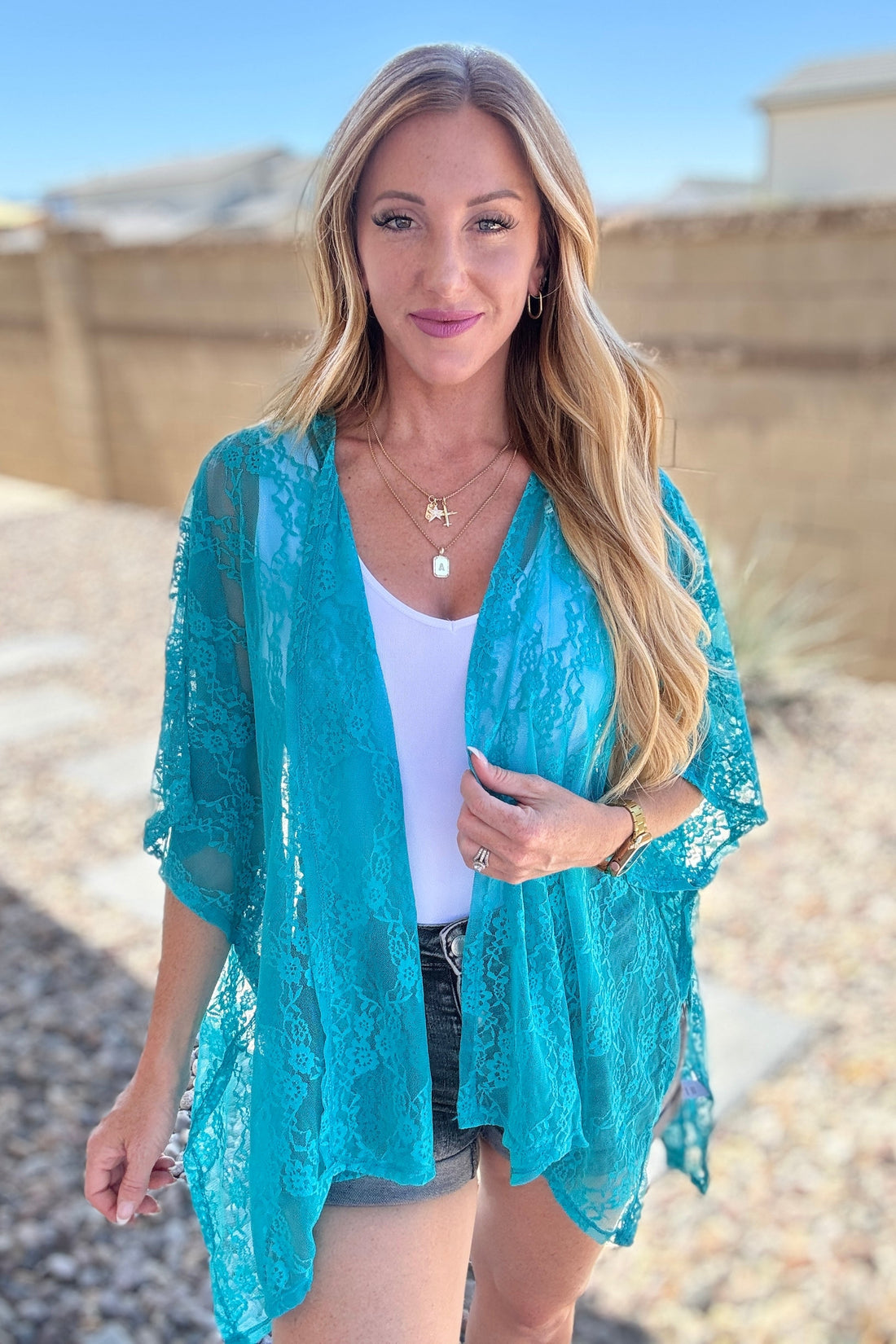 Good Days Ahead Lace Kimono In Teal - Mulberry Skies
