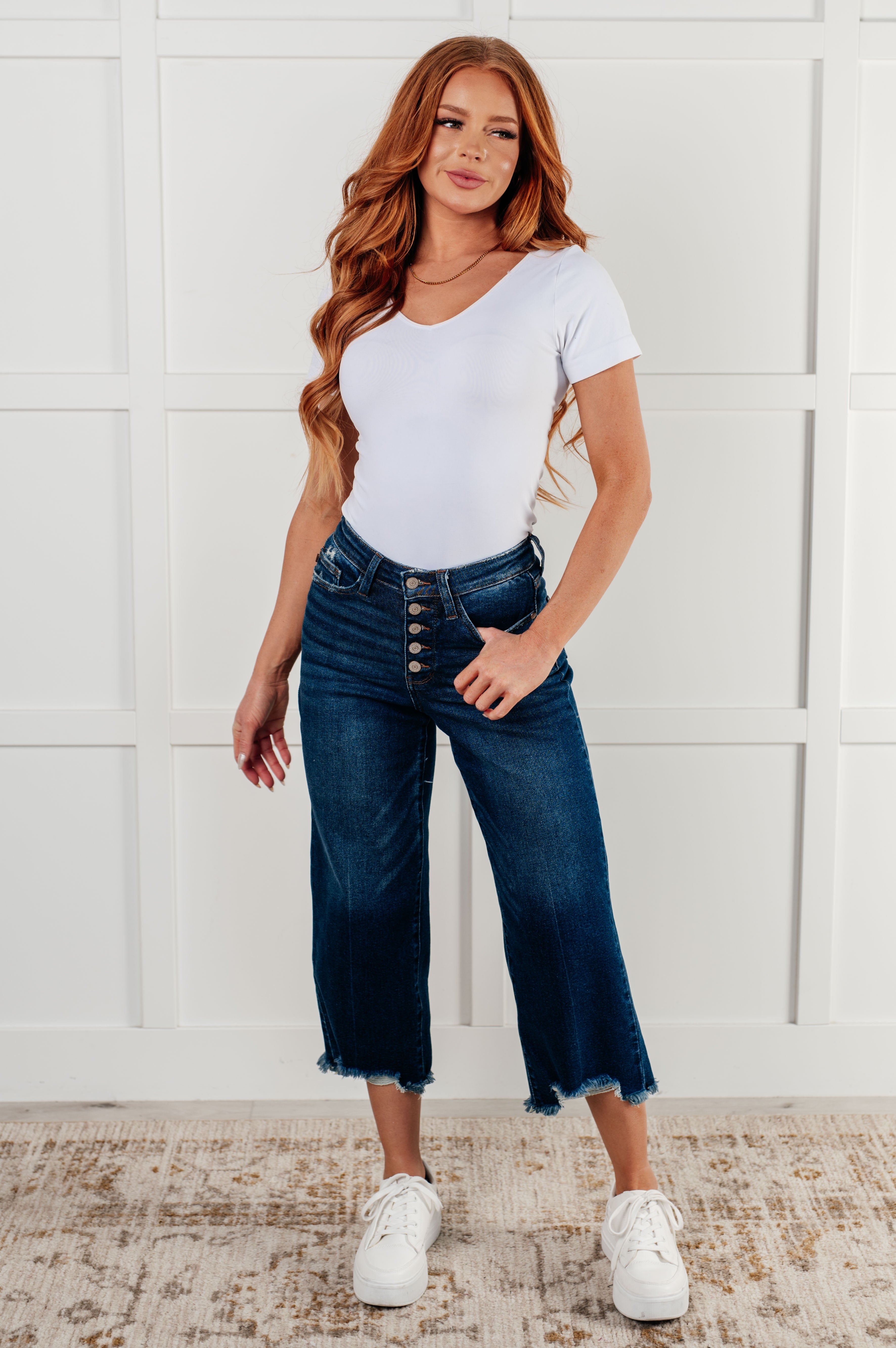 Janice High Rise Button Fly Wide Leg Crop Jeans - Mulberry Skies