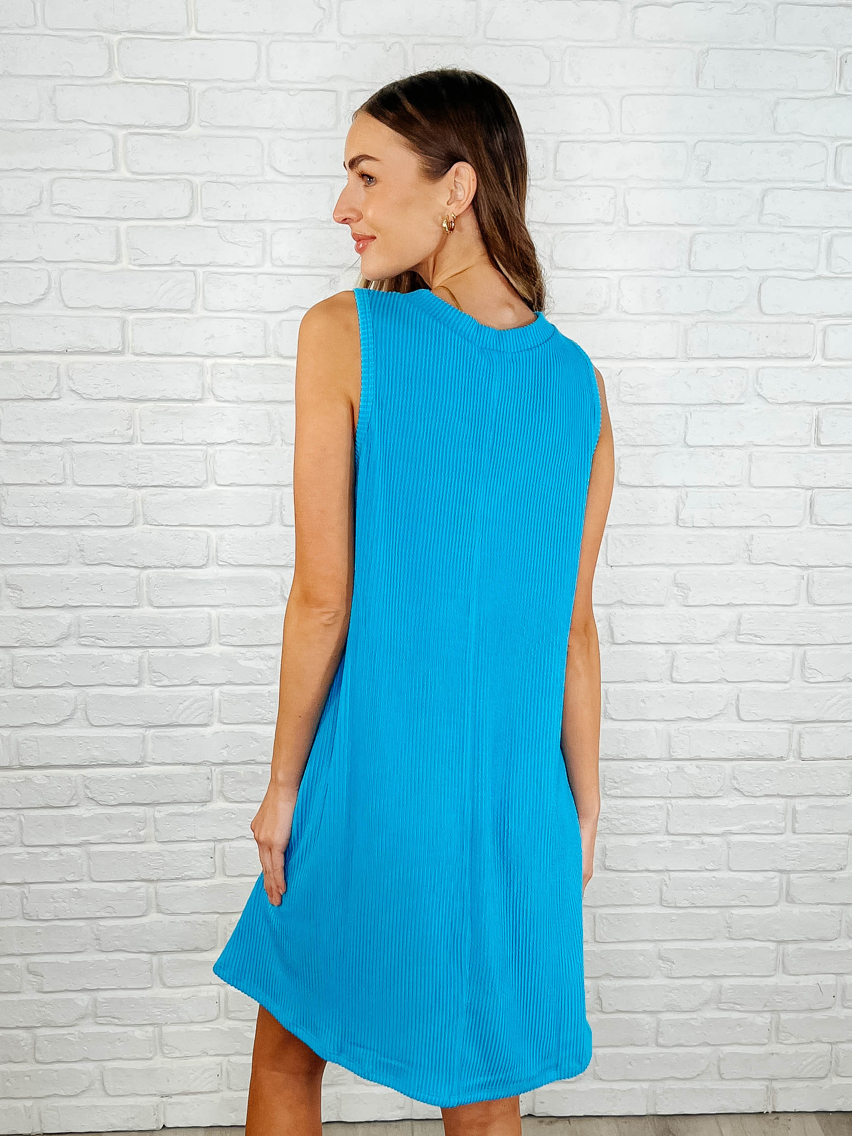 The Power I Hold V-Neck Ribbed Knit Dress in Aqua Glow - Mulberry Skies