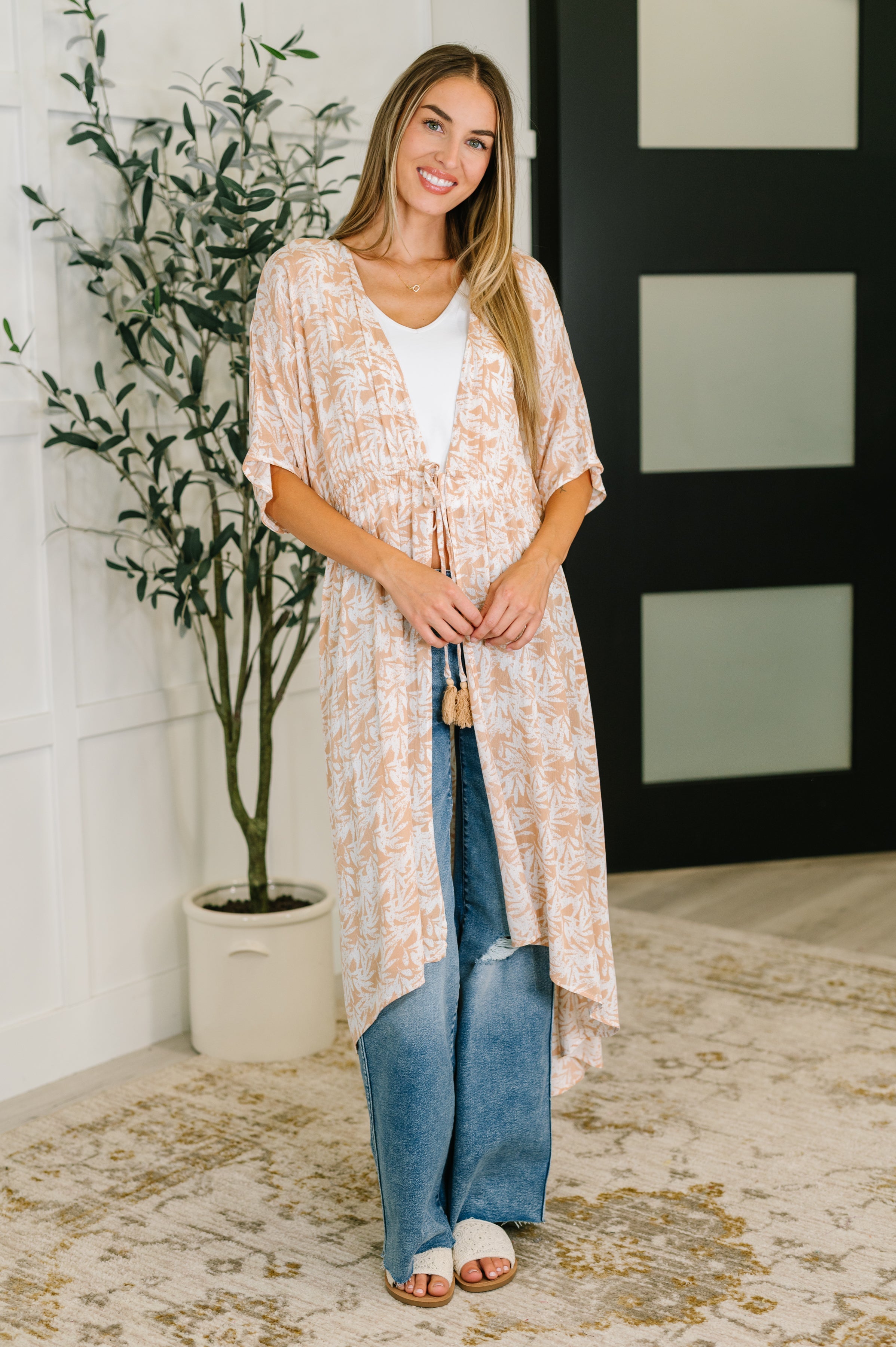 Tropical Kimono with Elastic Waist Tie in Milk Tea
