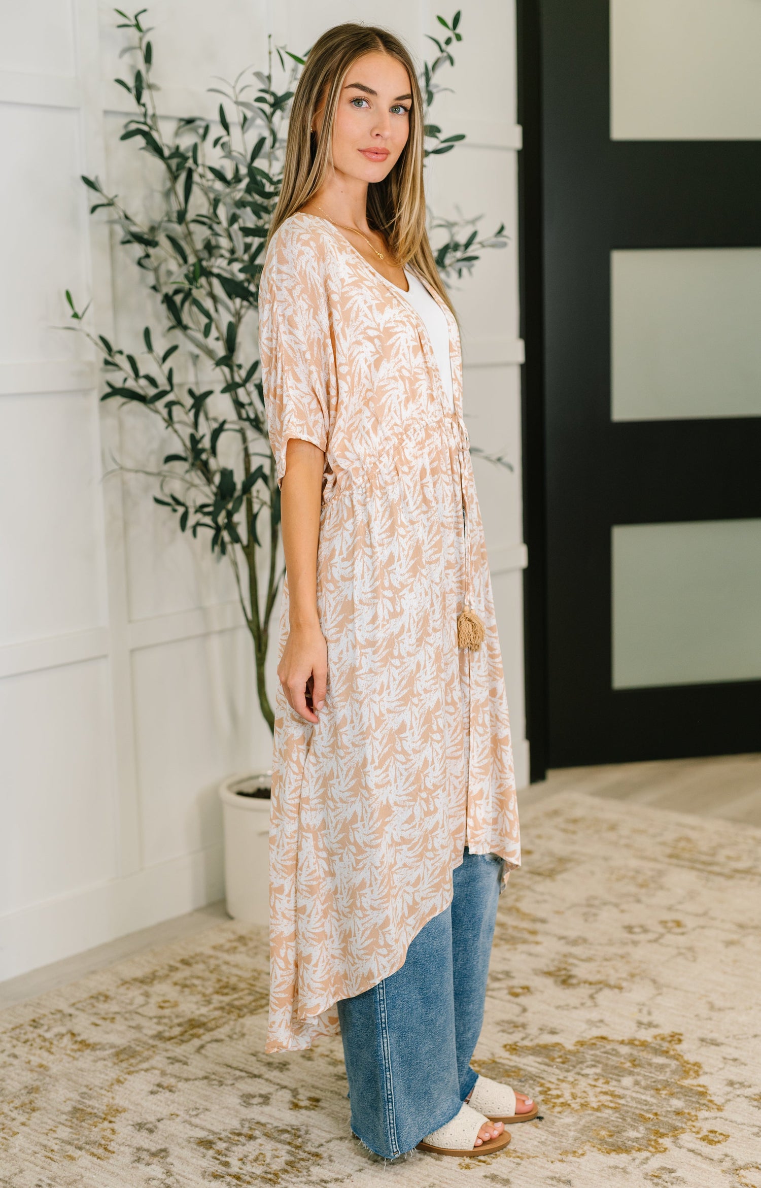 Tropical Kimono with Elastic Waist Tie in Milk Tea