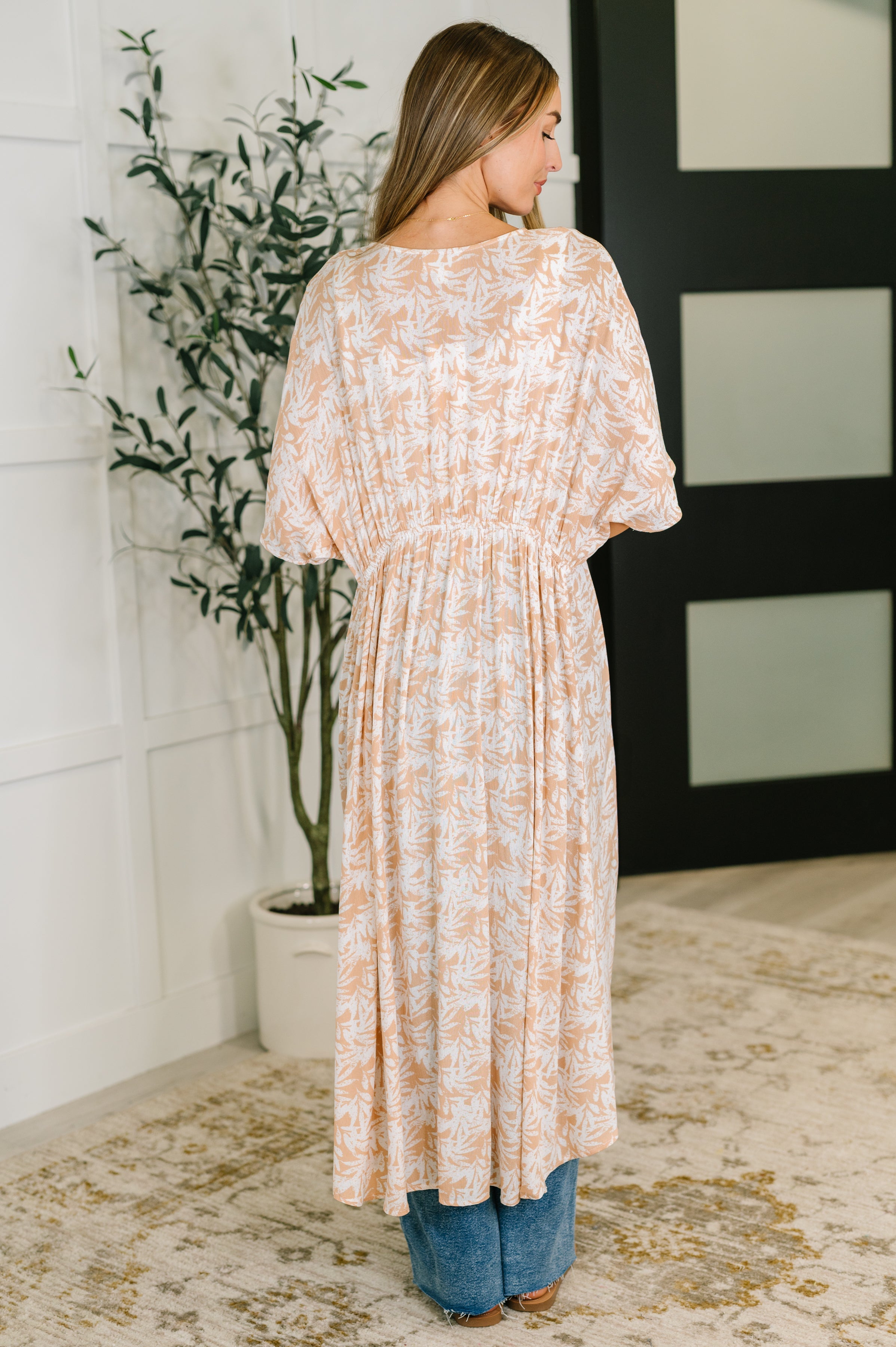 Tropical Kimono with Elastic Waist Tie in Milk Tea
