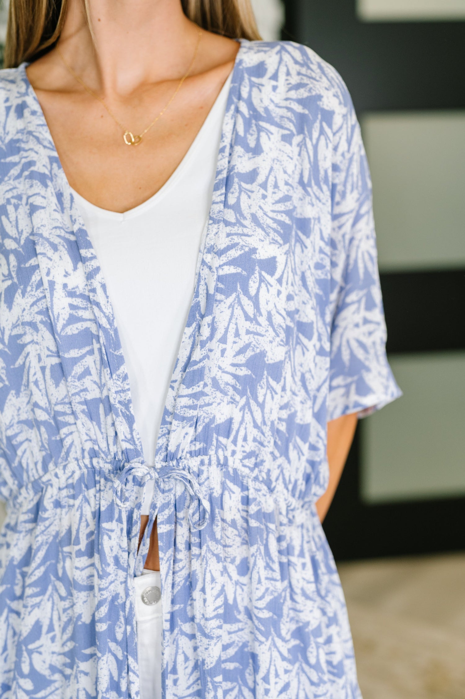 Tropical Kimono with Elastic Waist Tie in Periwinkle