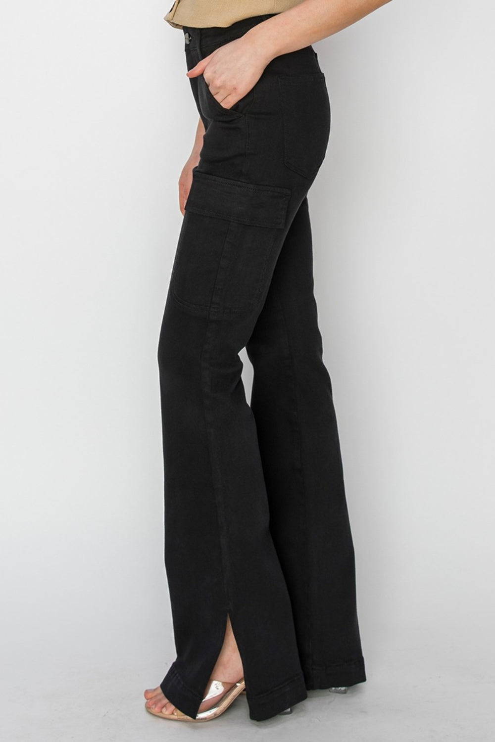 Risen Full Size High Rise Side Slit Cargo Bootcut Jeans - Mulberry Skies