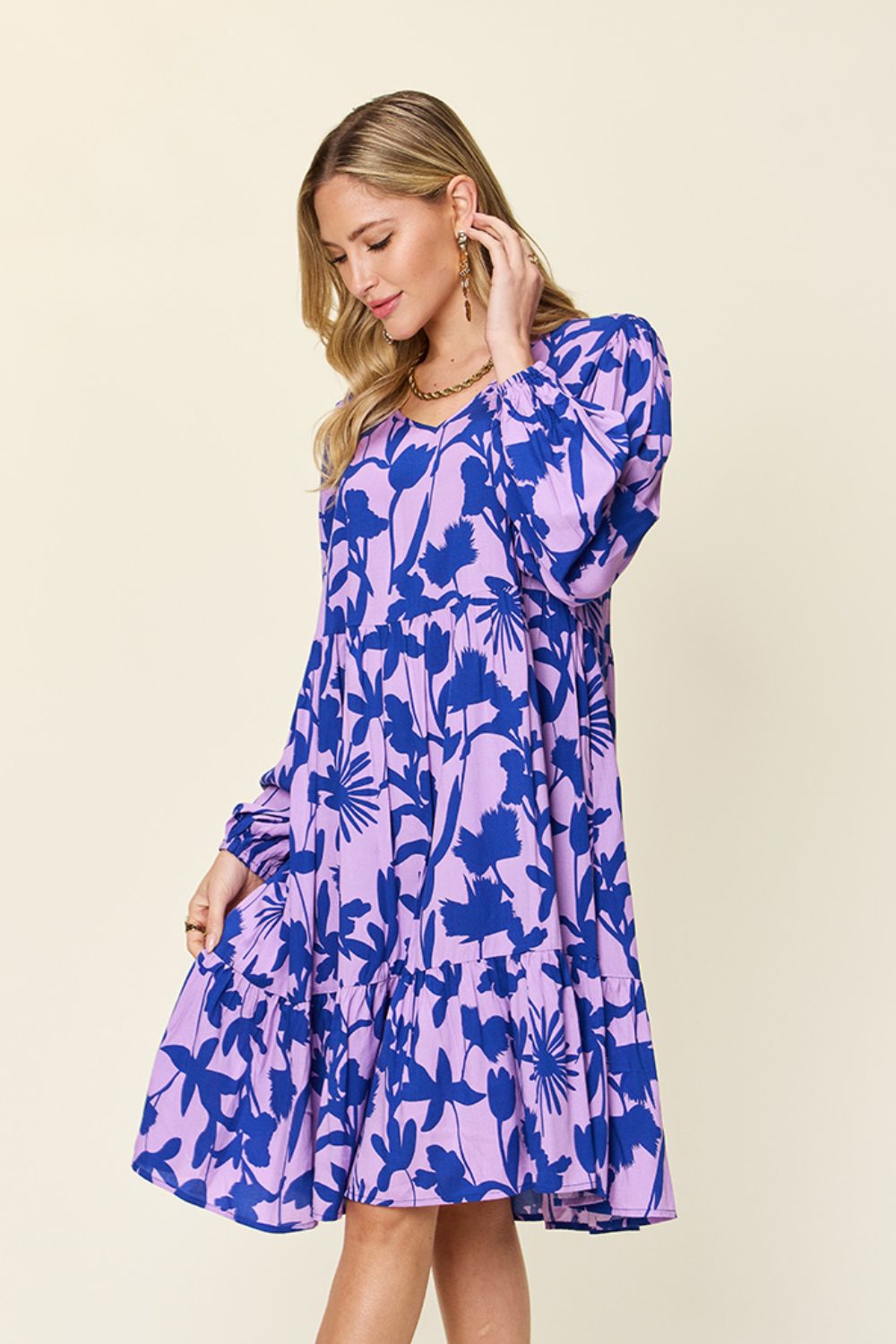 Printed Ruffle Hem Dress with Pocket - Mulberry Skies