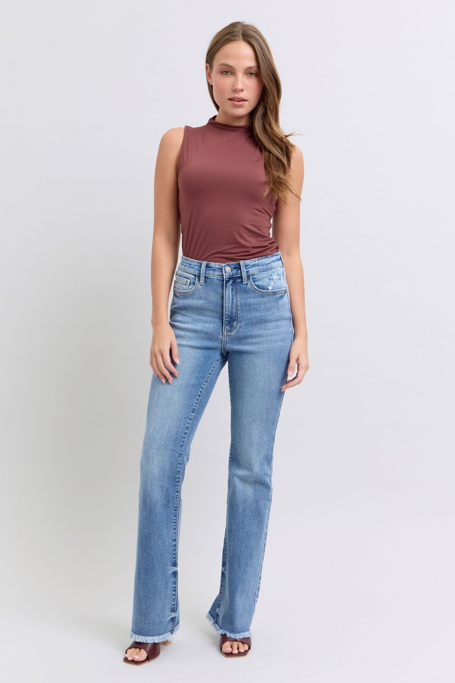 Judy Blue Raw Hem High Rise Bootcut Jeans - Mulberry Skies