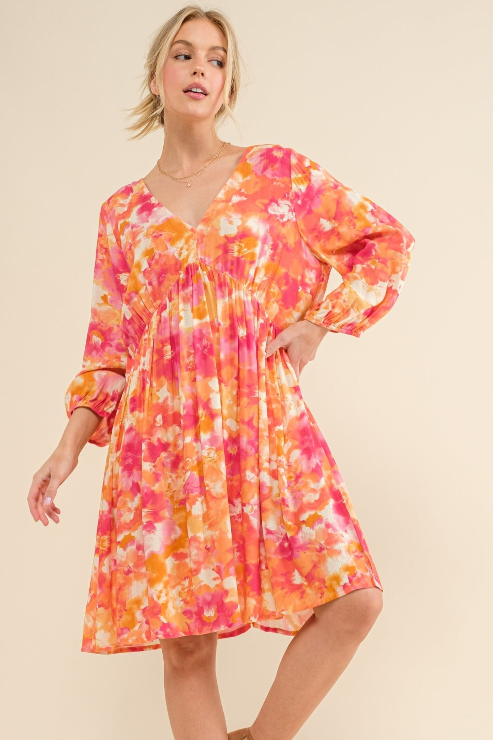 Printed Tie Back Long Sleeve Dress - Mulberry Skies