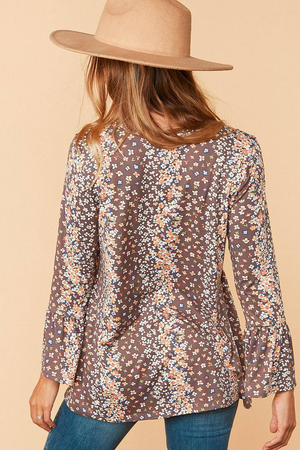 Floral Round Neck Bell Sleeve Babydoll Top-Mulberry Skies
