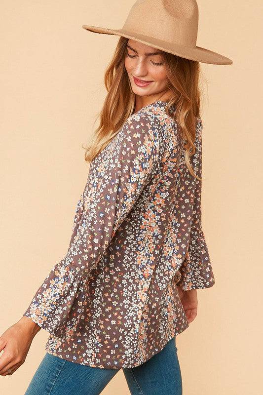 Floral Round Neck Bell Sleeve Babydoll Top-Mulberry Skies