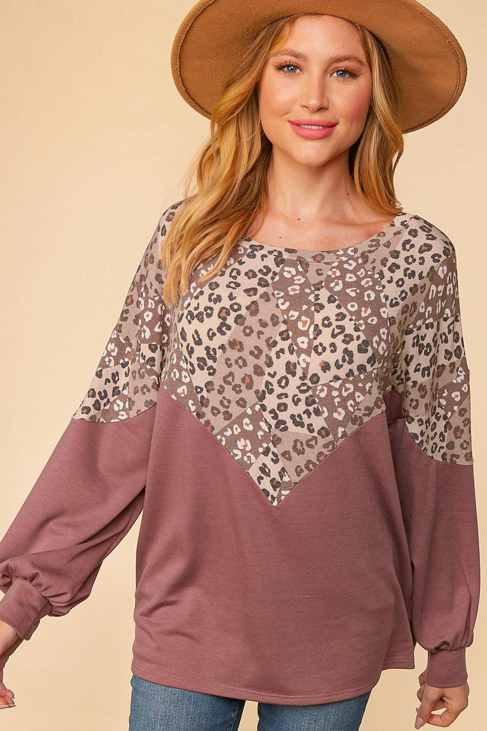 LEOPARD PATCHWORK CHEVRON YOKE KNIT TOP-Mulberry Skies