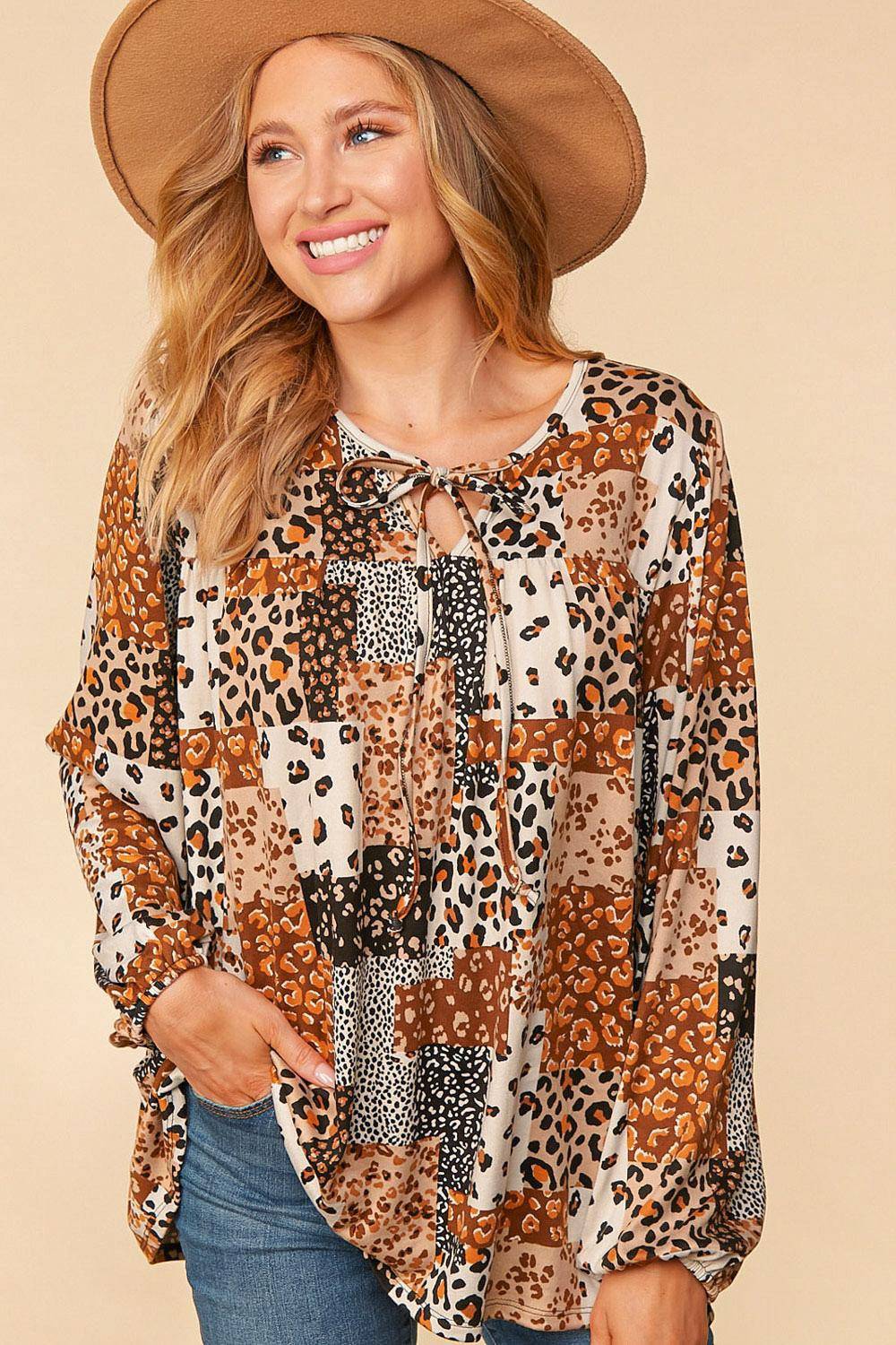 Leopard Patchwork Front Tie String Top-Mulberry Skies