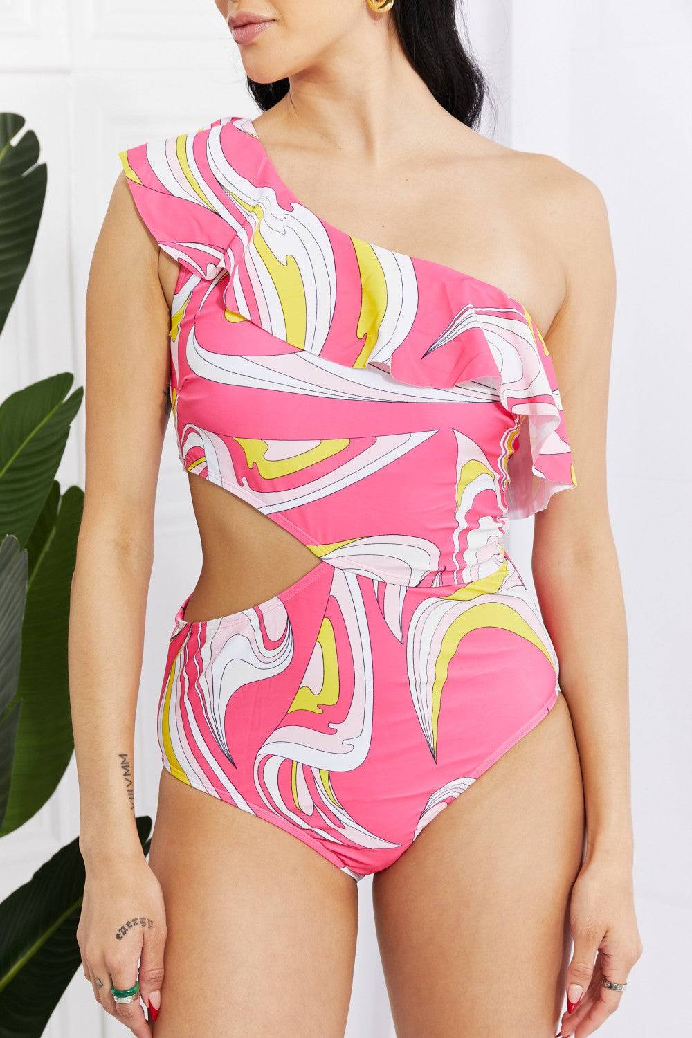 Vitamin C Asymmetric Cutout Ruffle Swimsuit in Pink-Mulberry Skies
