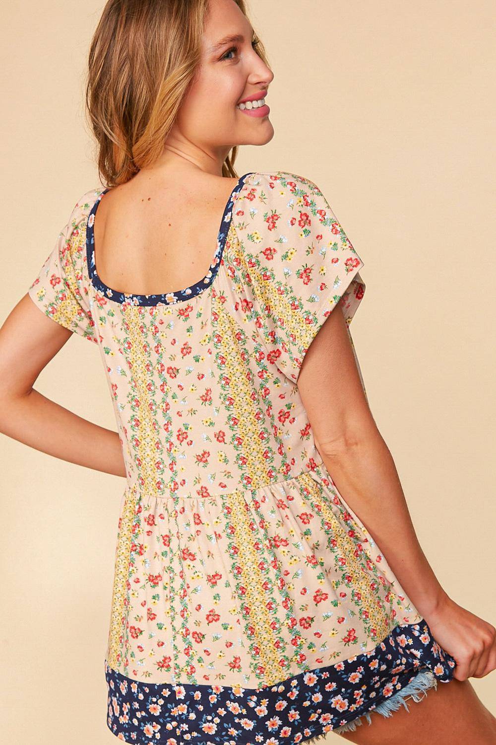 Floral Ruffle Frill Short Sleeve Babydoll Top-Mulberry Skies