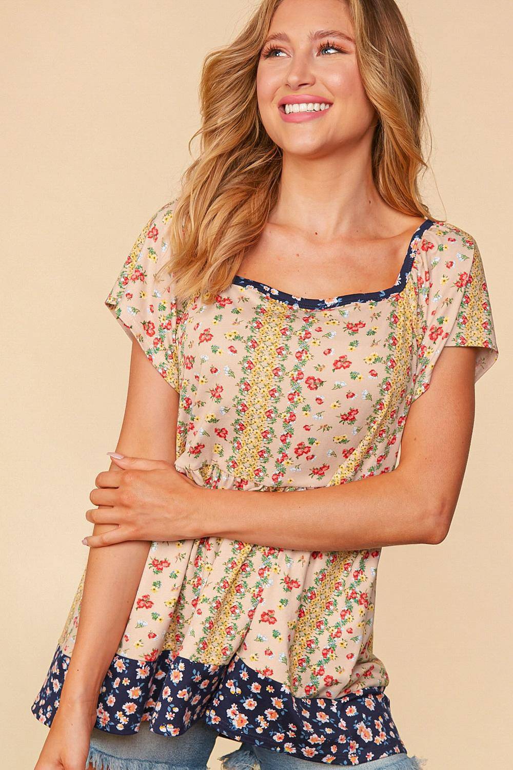 Floral Ruffle Frill Short Sleeve Babydoll Top-Mulberry Skies