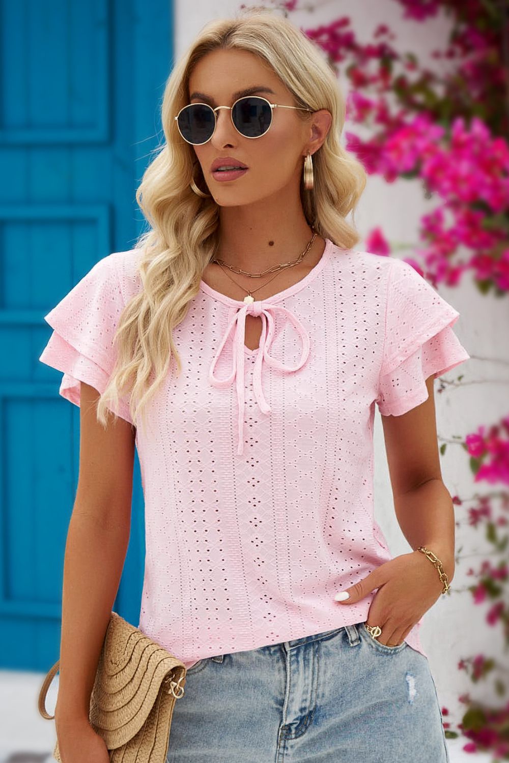 Eyelet Tie-Neck Flutter Sleeve Blouse - Mulberry Skies