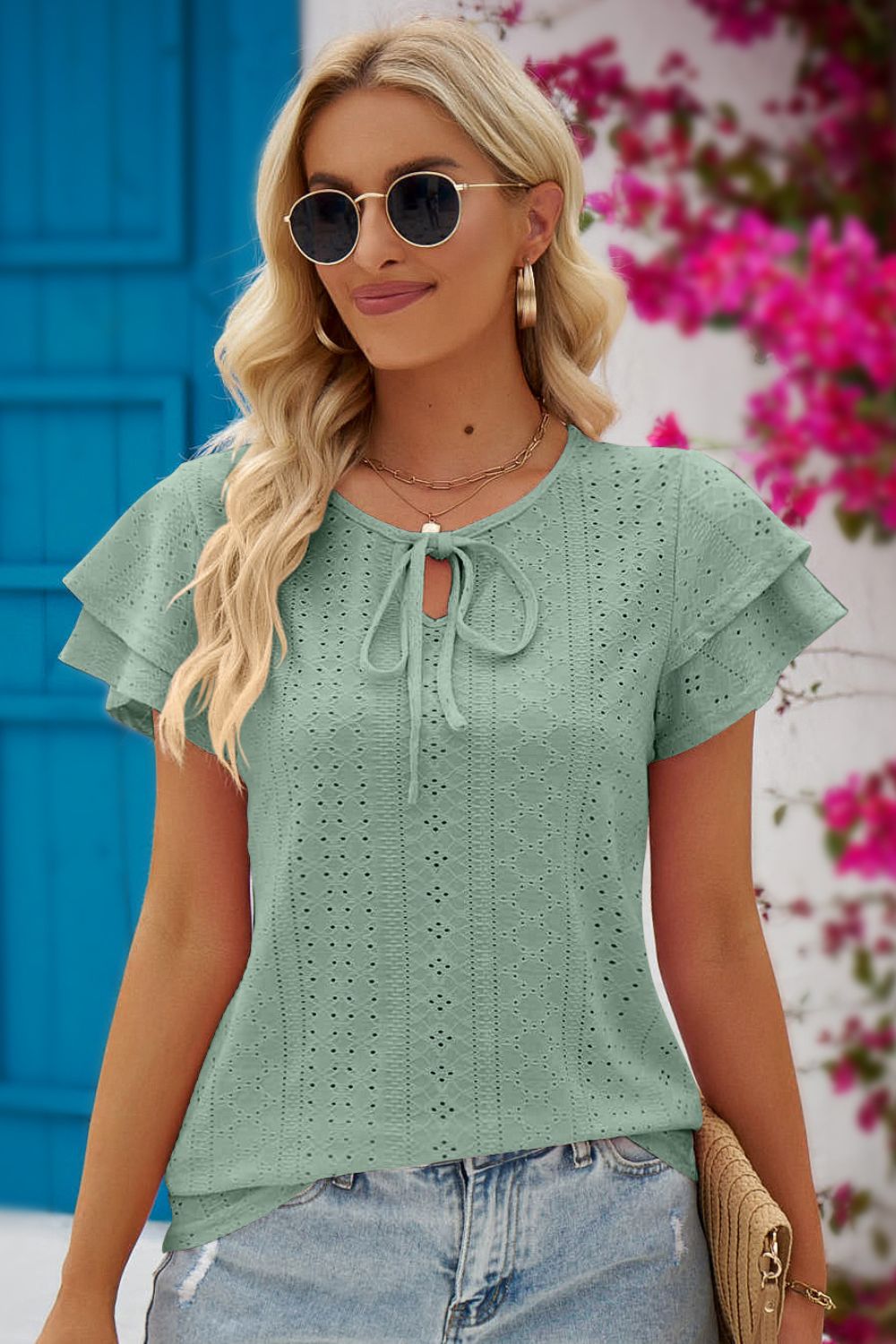 Eyelet Tie-Neck Flutter Sleeve Blouse - Mulberry Skies