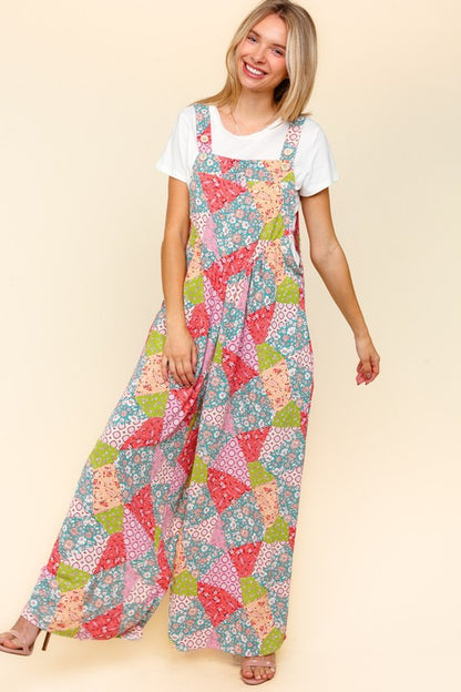 Printed Wide Leg Overalls with Side Pockets