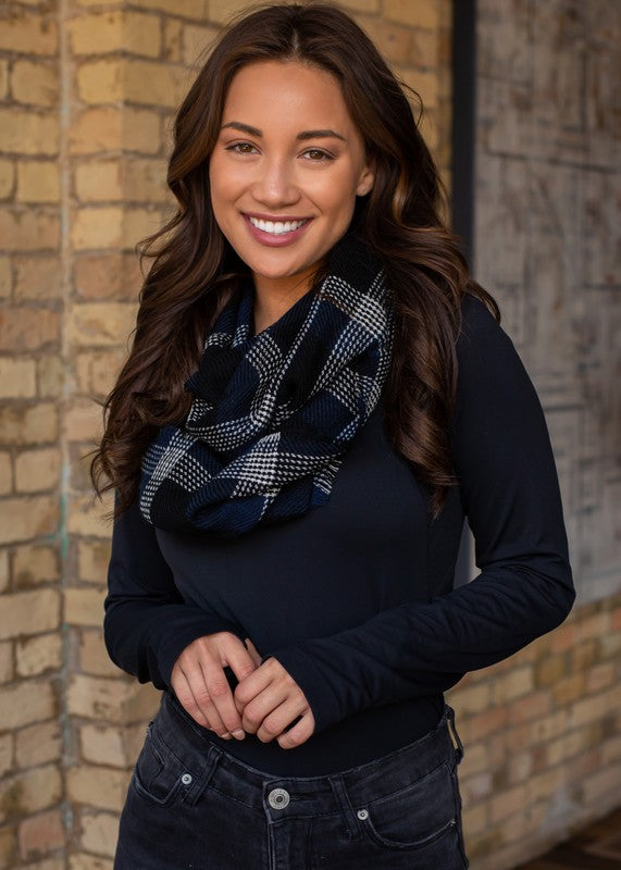 No End In Sight Plaid Infinity Scarf- Black &amp; Navy - Mulberry Skies