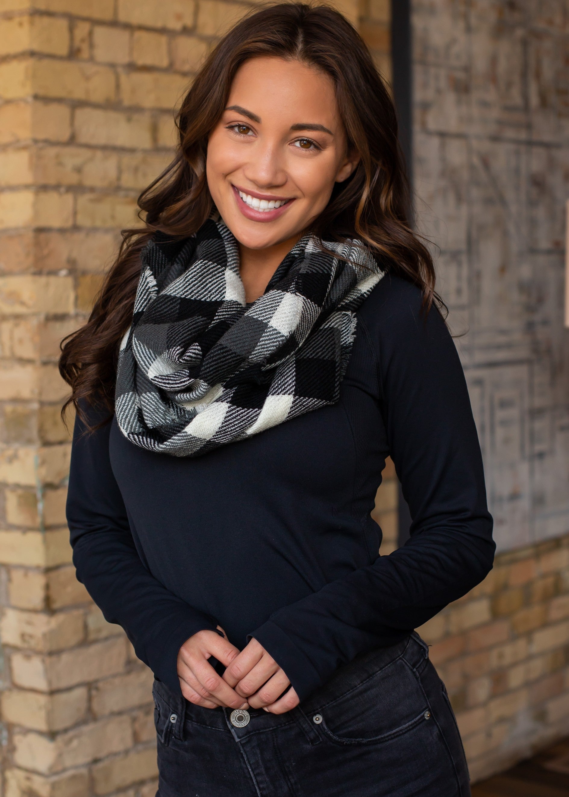 No End In Sight Plaid Infinity Scarf - Black, Gray &amp; White - Mulberry Skies