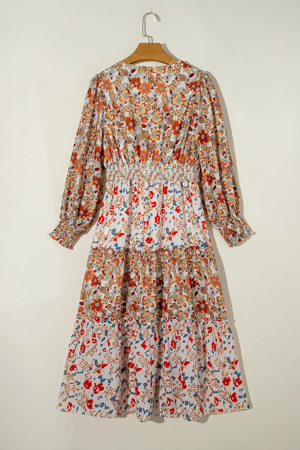 Printed V-Neck Lantern Sleeve Midi Dress