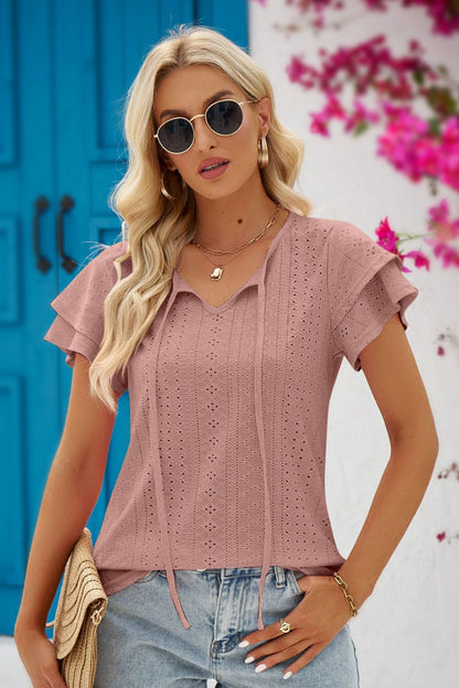 Eyelet Tie-Neck Flutter Sleeve Blouse - Mulberry Skies