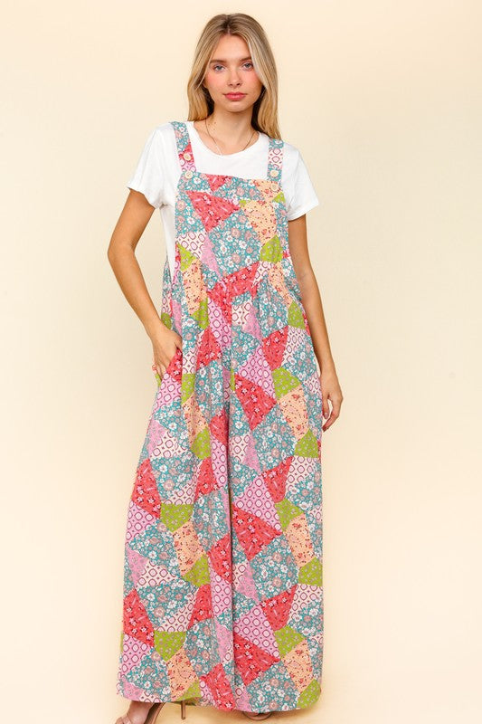 Printed Wide Leg Overalls with Side Pockets