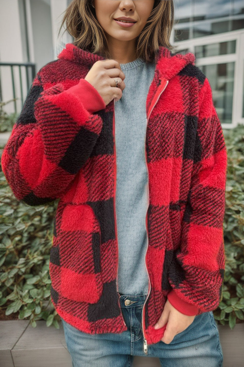 Double Take Plaid Long Sleeve Hooded Coat