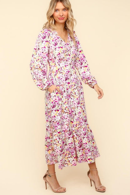 Floral V-Neck Long Sleeve Dress with Side Pockets