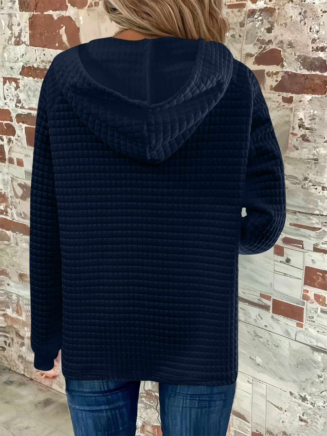 Texture Button Detail Drawstring Long Sleeve Hoodie