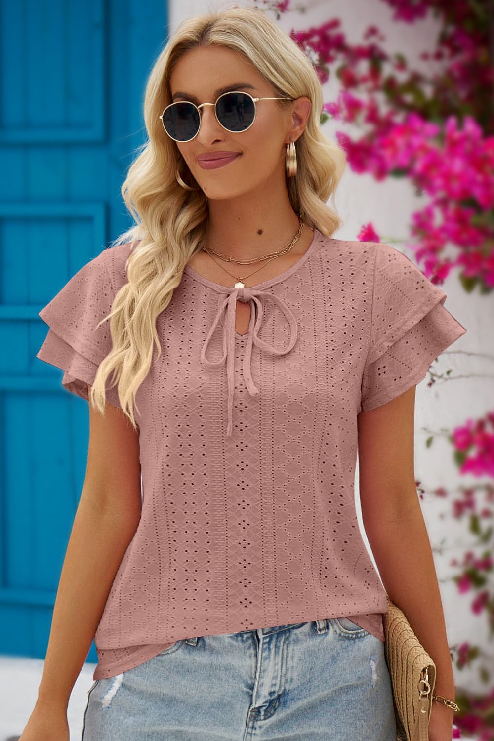 Eyelet Tie-Neck Flutter Sleeve Blouse - Mulberry Skies