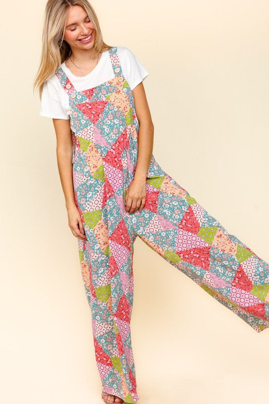 Printed Wide Leg Overalls with Side Pockets