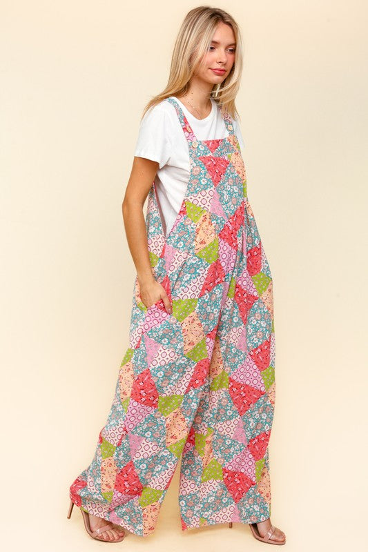 Printed Wide Leg Overalls with Side Pockets