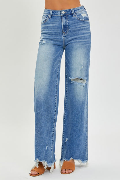 Risen High Rise Frayed Hem Wide Leg Jeans