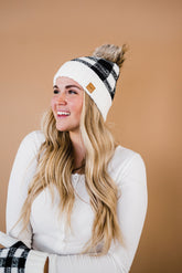 Toasty Warm Fleece Lined Hat- White & Black - Mulberry Skies