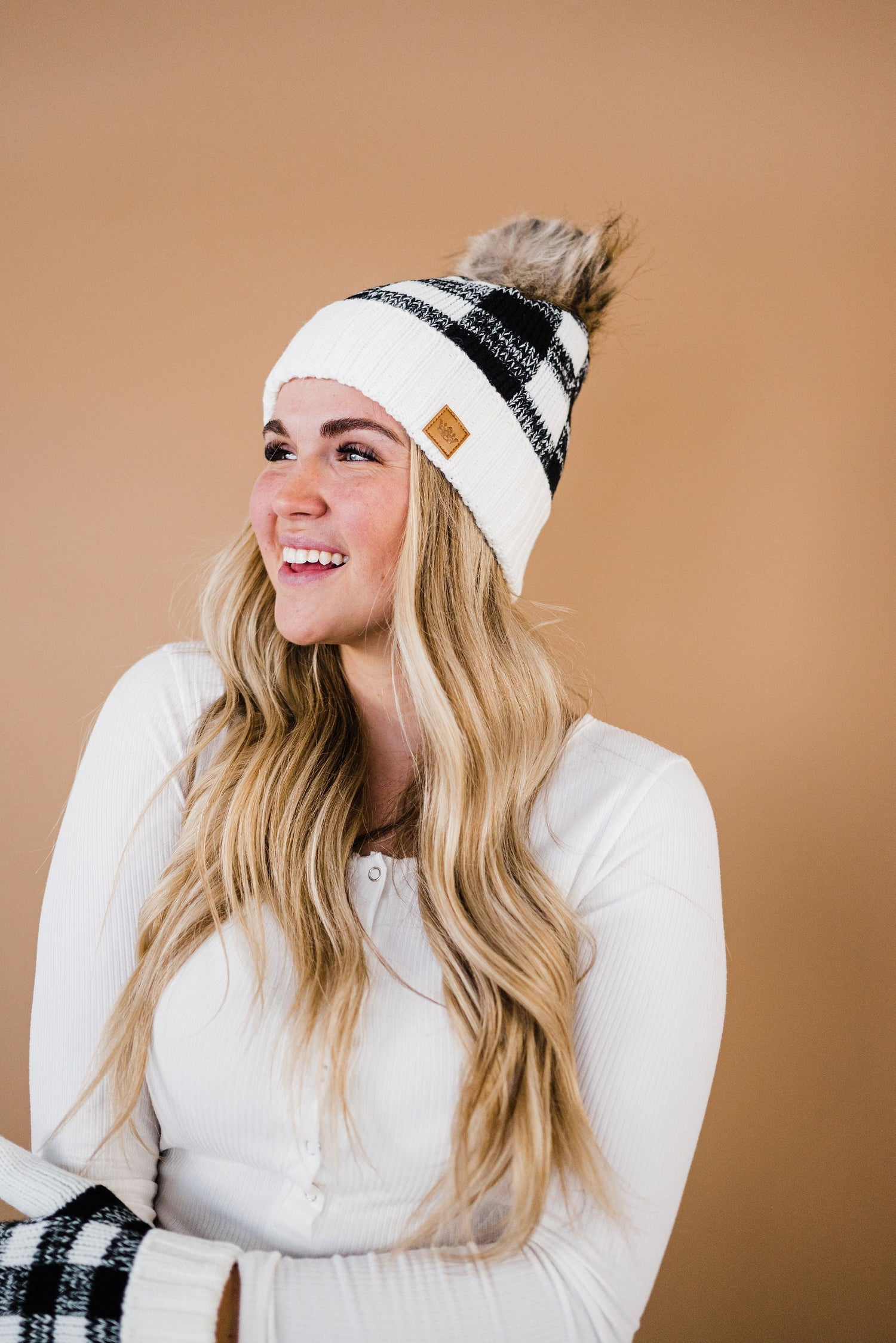 Toasty Warm Fleece Lined Hat- White &amp; Black - Mulberry Skies